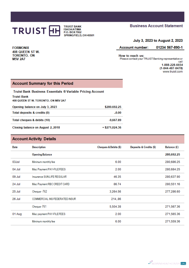 Download Truist Bank enterprise account statement Word and PDF template Photoshop template